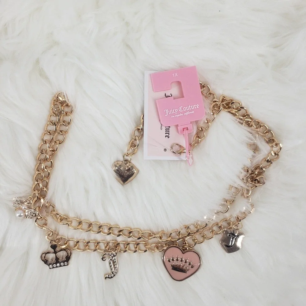 Juicy Couture Charm Chain Belt Women 1X Gold Pink Heart Crown Bee Y2K Rhinestone